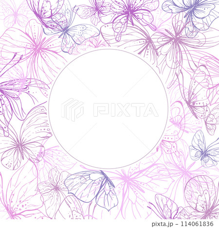 Butterflies are pink, blue, lilac, flying, delicate line art. Graphic illustration hand drawn in pink, lilac ink. Circle frame, template EPS vector 114061836