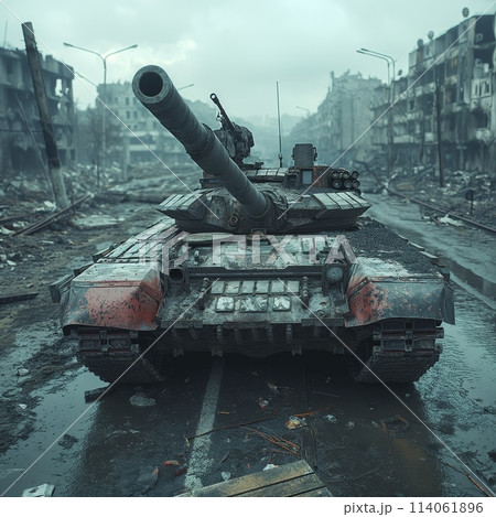 Abandoned tank in war-torn city environment Abandoned tank in war-torn city environment 114061896
