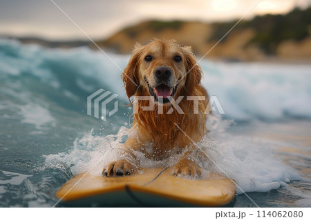 Golden Retriever surfing on a wave Golden Retriever surfing on a wave 114062080