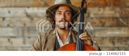 Cellist in contemplation with instrument 114062155