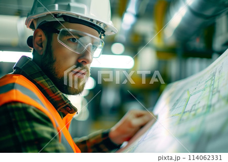 Engineer discussing blueprint in factory 114062331