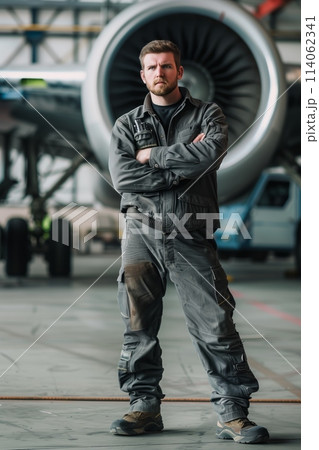 Mechanic in grey by jet engine 114062341