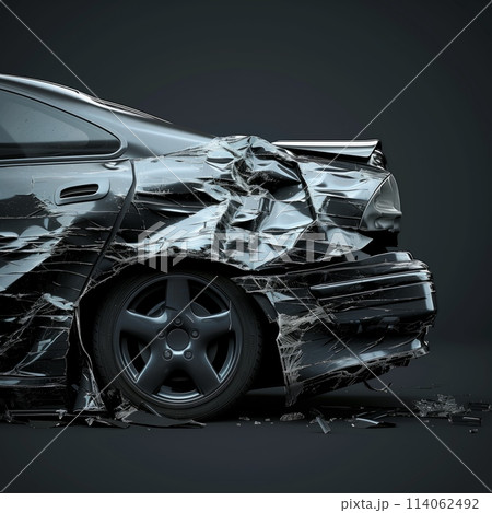 Crushed black car on a dark background Crushed black car on a dark background 114062492