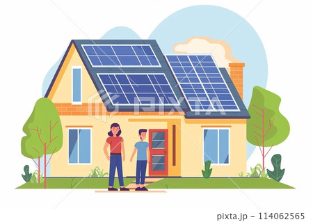 A family uses a renewable energy system, standing near the house with solar panels, Alternative energy. A family uses a renewable energy system, standing near the house with solar panels, Alternative energy. 114062565