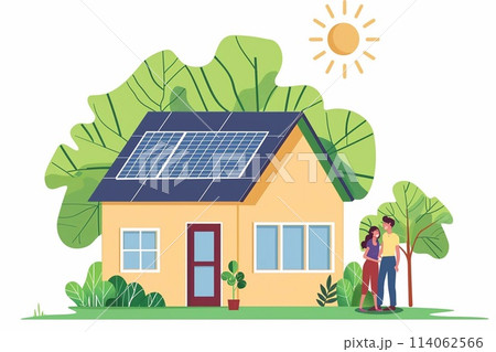 A family uses a renewable energy system, standing near the house with solar panels, Alternative energy. A family uses a renewable energy system, standing near the house with solar panels, Alternative energy. 114062566