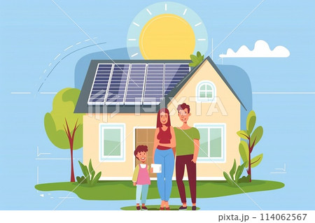 A family uses a renewable energy system, standing near the house with solar panels, Alternative energy. A family uses a renewable energy system, standing near the house with solar panels, Alternative energy. 114062567
