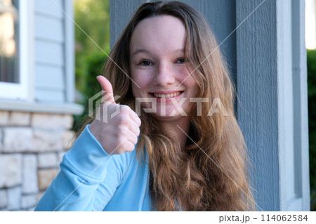 contented happy teenage girl talking online conference with laptop touchpad girl choosing emoji showing thumbs up happy childhood adolescence friends social networks internet online communication 114062584