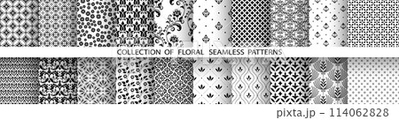Geometric floral set of seamless patterns. White and black vector backgrounds. Damask graphic ornaments. 114062828