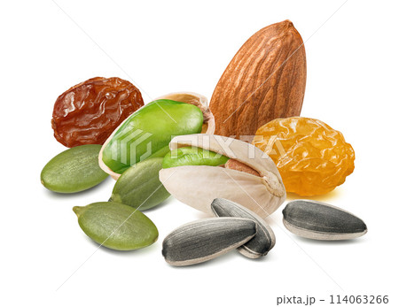 Sunflower and pumpkin seeds, raisins, almonds and pistachio nuts isolated on white background Sunflower and pumpkin seeds, raisins, almonds and pistachio nuts isolated on white background 114063266