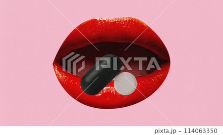Contemporary art collage. Mouth with red lips, drinks pills, vitamins against pink background. Medicine. Medical treatment. Contemporary art collage. Mouth with red lips, drinks pills, vitamins against pink background. Medicine. Medical treatment. 114063350