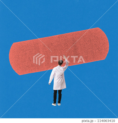 Contemporary art collage. Medic, doctor stuck huge red plaster on blue background. Copy space. Medicine. Medical treatment. Contemporary art collage. Medic, doctor stuck huge red plaster on blue background. Copy space. Medicine. Medical treatment. 114063410