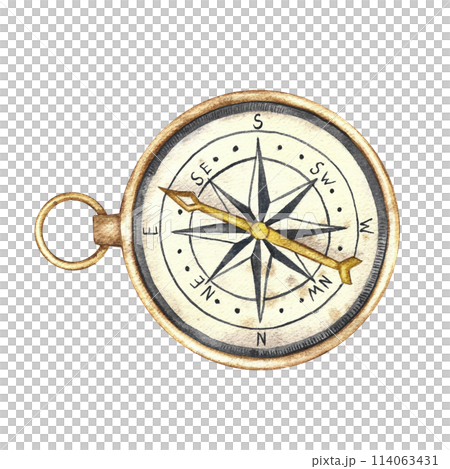 Vintage vintage hand compass. Watercolor illustration of vintage marine navigation equipment in retro style, for travel and adventure. Drawing of a navigation object for an icon or logo. 114063431