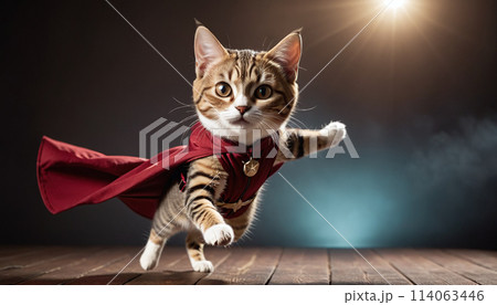Hovering and flying cute kitten with special superpowers in superhero costume and superhero pose 114063446