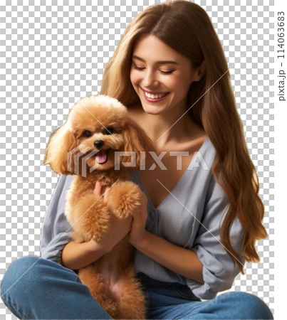 A dog that looks happy being loved by its female owner 114063683