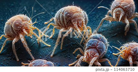 Extreme close-up of a mite sitting on organic tissue and dust - ai generated 114063710