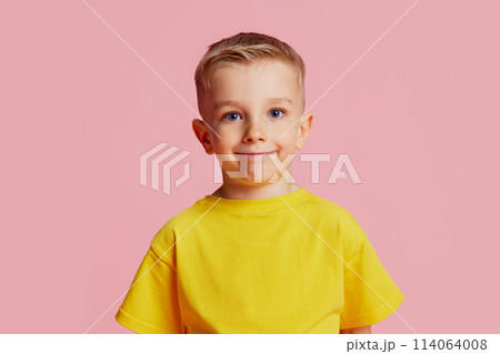 Portrait of charming child, boy dressed white T-shirt looking at camera and smiling against pink studio background. 114064008
