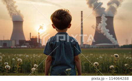 Child watches smoke coming out of the chimney and cooling tower of a power plant - ai generated Image 114064288