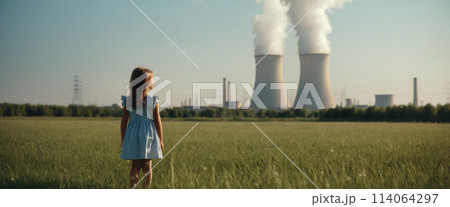Child watches smoke coming out of the chimney and cooling tower of a power plant - ai generated Image 114064297