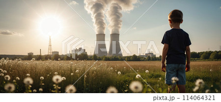 Child watches smoke coming out of the chimney and cooling tower of a power plant - ai generated Image Child watches smoke coming out of the chimney and cooling tower of a power plant - ai generated Image 114064321