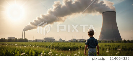 Child watches smoke coming out of the chimney and cooling tower of a power plant - ai generated Image Child watches smoke coming out of the chimney and cooling tower of a power plant - ai generated Image 114064323