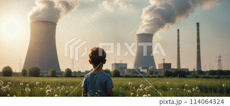 Child watches smoke coming out of the chimney and cooling tower of a power plant - ai generated Image 114064324