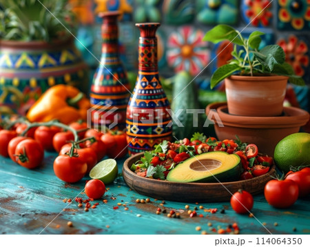 A table overflowing with traditional Mexican food. Cinco de Mayo feast. Background Festive tablecloth. Cinco de Mayo is Mexican national holiday in honor of victory 114064350