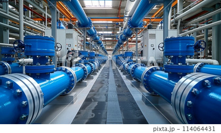 gas production plant with blue pipes and white equipment, photorealistic image taken from behind, natural daylight, wide angle 114064431