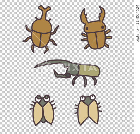 夏をイメージした、カブトムシやクワガタ、蝉などの虫のデフォルメイラストセット 114064524