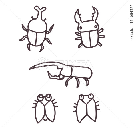 夏をイメージした、カブトムシやクワガタ、蝉などの虫のデフォルメイラストセット 114064525