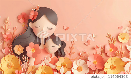 Woman Holding Child in Field of Flowers 114064568