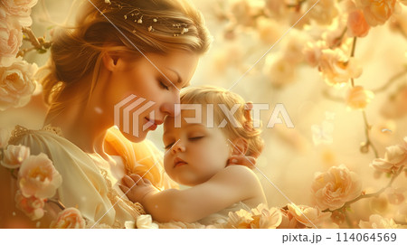 Woman Holding Baby in Her Arms 114064569