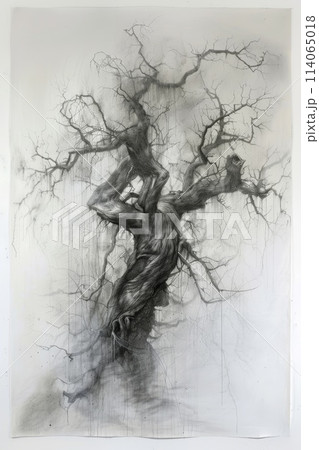 A stylized tree drawn in black pencil on a white background 114065018
