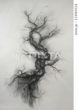 A stylized tree drawn in black pencil on a white background 114065019
