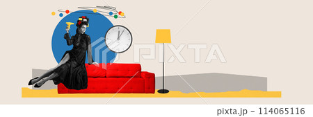 Getting ready for event. Woman dressed in elegant black gown sitting on red couch and doing her hairstyle. Being late. Contemporary art collage. Getting ready for event. Woman dressed in elegant black gown sitting on red couch and doing her hairstyle. Being late. Contemporary art collage. 114065116