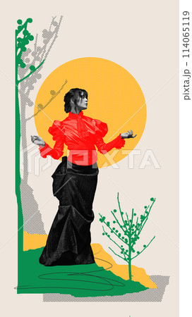 Elegant young woman, royal person in stylish clothes standing against light background with abstract design elements. Contemporary art collage. 114065119