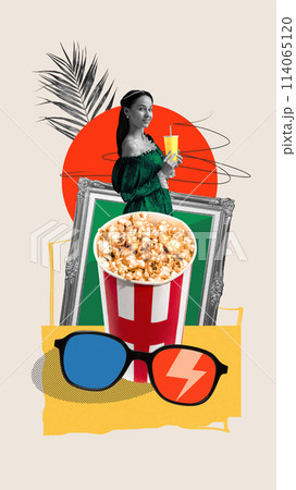 Elegant young woman, medieval royal person with popcorn basket and 3D glasses, Leisure activity. Contemporary art collage. 114065120