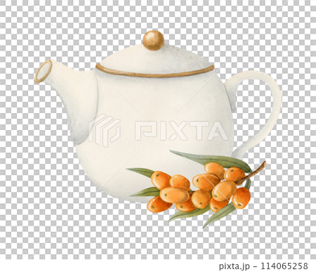 White ceramic teapot with orange sea buckthorn branch with berries watercolor isolated illustration for herbal natural tea packages, elegant party invitations, cafe menus and recipes with drinks 114065258