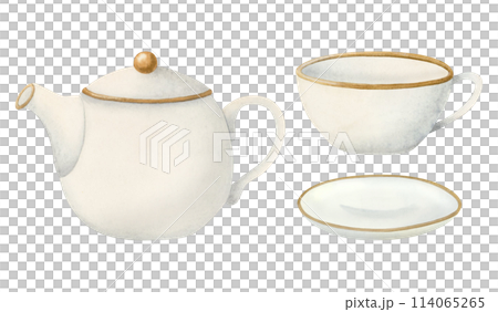 Kitchen teapot, tea cup and small dish set made of white porcelain ceramic watercolor illustration isolated on white. Simple elegant kettle drawing with small saucer plate for English breakfast 114065265