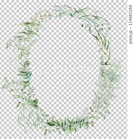Oval frame with Watercolor fern twigs with green leaves isolated illustration, botanical wedding Oval frame with Watercolor fern twigs with green leaves isolated illustration, botanical wedding 114065268