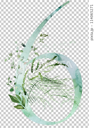 Green number 6 with Watercolor whimsical tender leaves isolated illustration, wedding element 114065271