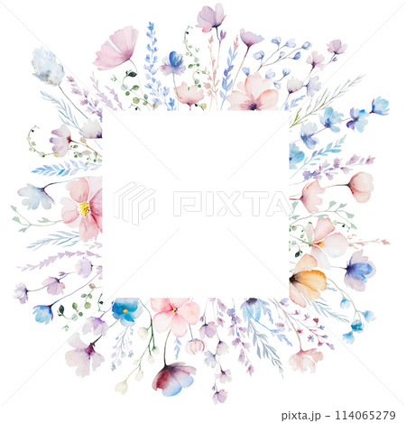 Square frame with watercolor pastel wild flowers and leaves,  hand drawn wedding illustration 114065279