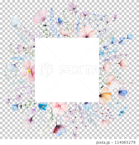 Square frame with watercolor pastel wild flowers and leaves,  hand drawn wedding illustration 114065279