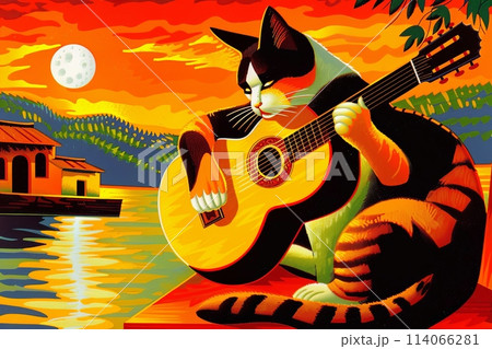 cat moonlight serenade with a guitar illustration 114066281