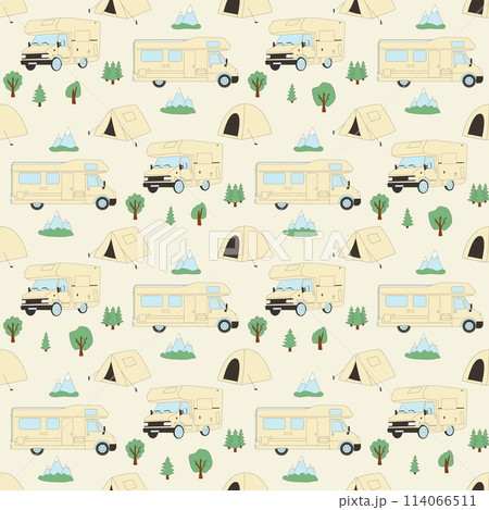 Camping seamless pattern. Van with tents and sleeping bag endless background. Vector illustration. 114066511