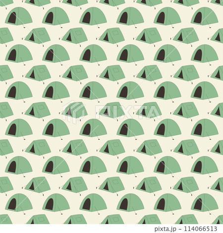Camping seamless pattern. Tents endless background. Picnic expedition equipment repeat ornament. Vector outline illustration. 114066513