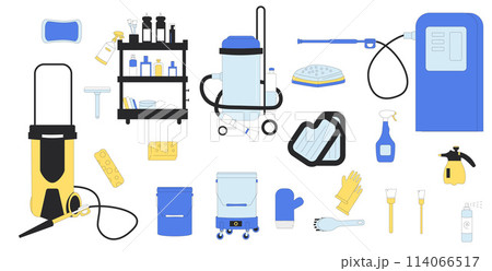 Car wash set. Vehicle clean station collection elements isolated on white background. Vacuum, sponges. Repair auto garage. Vector illustration. 114066517