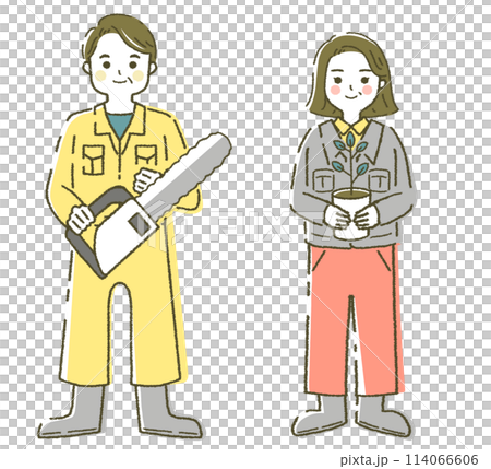 林業をする中年男女 イラスト素材 チェーンソー 114066606