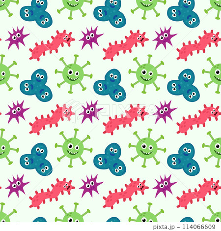 Seamless Pattern with Cute cartoon characters virus, bacteria, microbe. Microbiology organisms funny face wallpaper. Mascot expressing emotion background. Vector children illustration in flat design. Seamless Pattern with Cute cartoon characters virus, bacteria, microbe. Microbiology organisms funny face wallpaper. Mascot expressing emotion background. Vector children illustration in flat design. 114066609