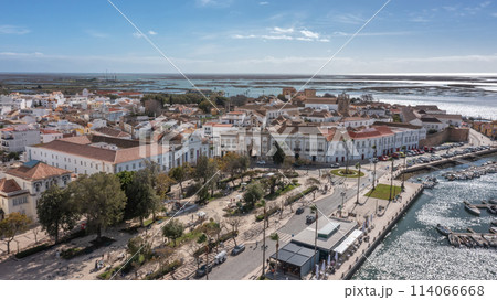 Portuguese town of Faro with old architecture, filmed by drone. Arco de villa and largo de se. Portuguese town of Faro with old architecture, filmed by drone. Arco de villa and largo de se. 114066668
