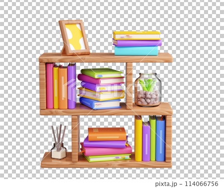 Book stack with hard cover standing and laying, and green flower in pot on wooden shelf. 3D render illustration of literature row with plant on bookshelf with wood texture for reading and education. Book stack with hard cover standing and laying, and green flower in pot on wooden shelf. 3D render illustration of literature row with plant on bookshelf with wood texture for reading and education. 114066756